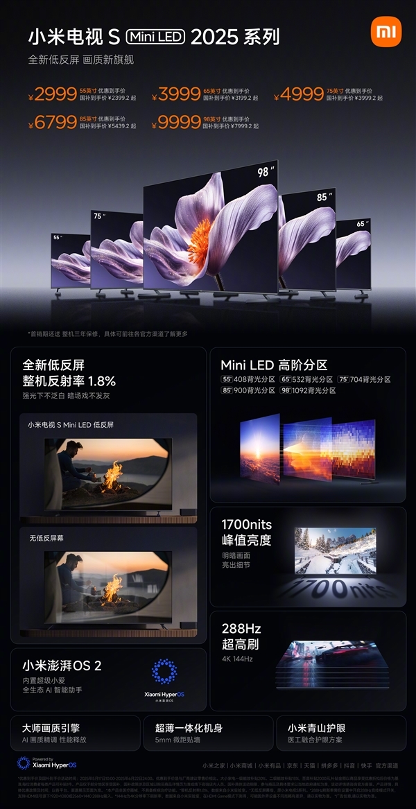 小米电视S Mini LED 2025系列98英寸版开售：国补价7999.2元